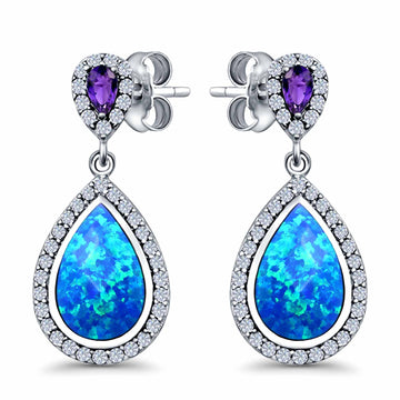 Amethyst Stud Earrings Pear Lab Created Blue Opal Simulated CZ 925 Sterling Silver (31mm)